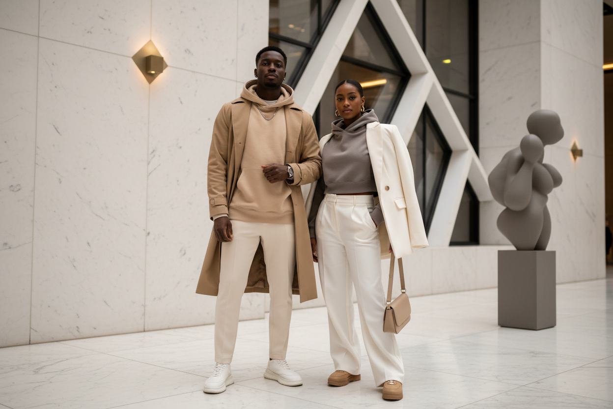 use neutral tones for clothing and a luxury background